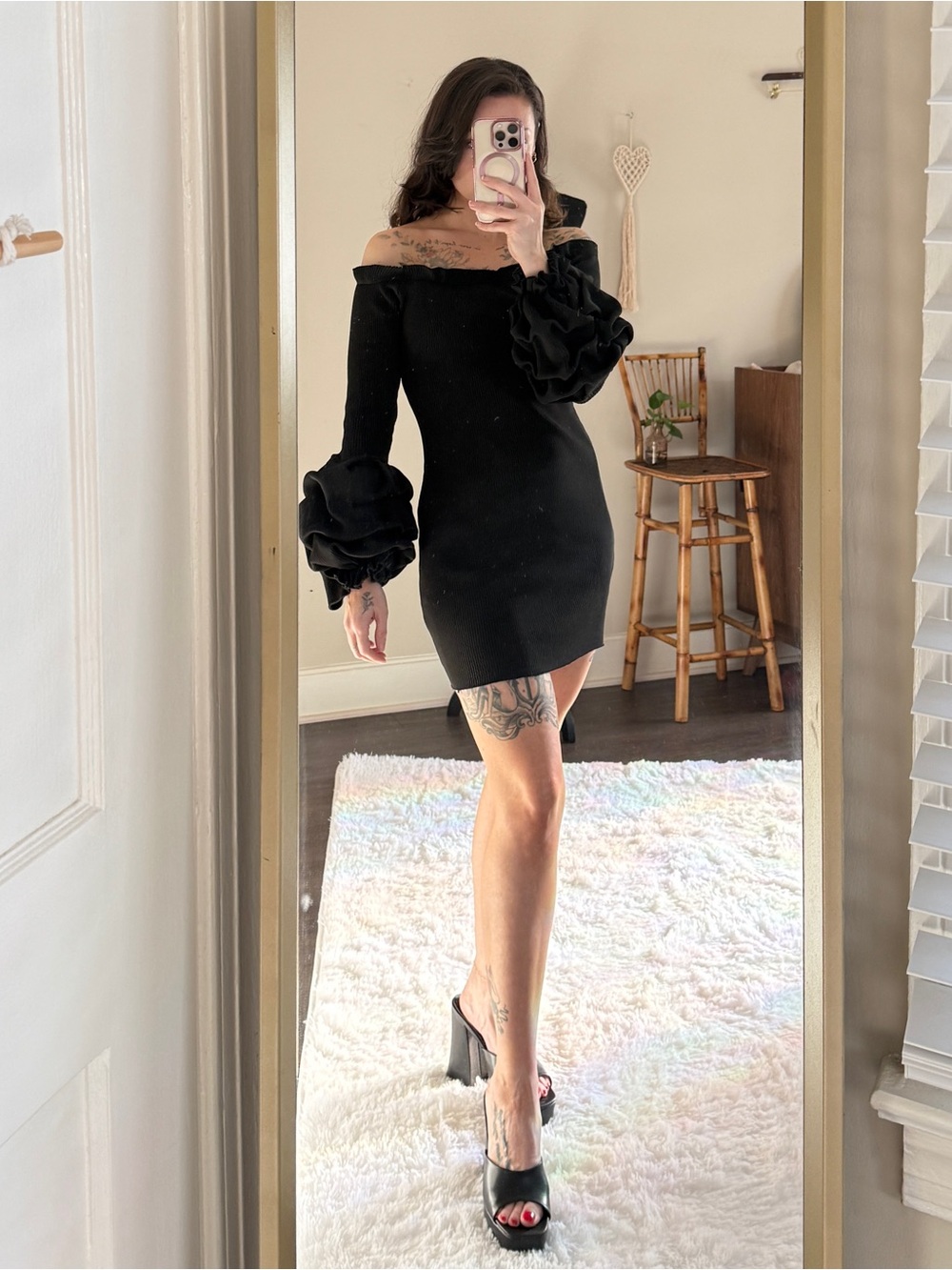 Black Off-Shoulder Mini Dress with Statement Ruffled Sleeves
